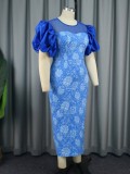 Women Translucent round neck puffy sleeve printed  temperament slim dress plus size dress