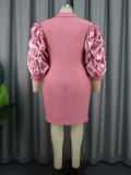 Winter Satin Sleeve Mini Notched Pink Women Office Career Blazer Dress