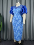 Women Translucent round neck puffy sleeve printed  temperament slim dress plus size dress