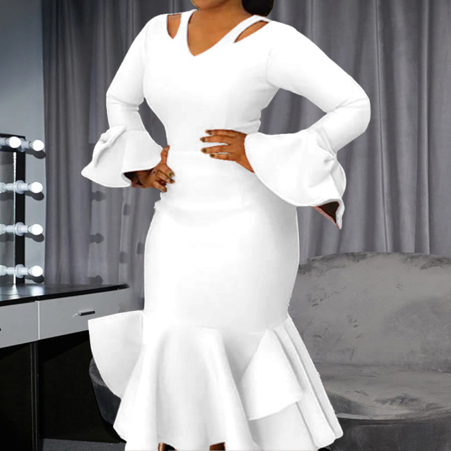 Personalized hollow collar sexy large skirt hem dress new flared sleeve fishtail skirt bodycon dress
