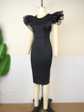 Geo'Peck Spring and summer new round collar tulle   patchwork dress black evening dress