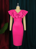 Large size new style temperament bow V-neck ruffle sleeve high waist wrapped hip skirt banquet dress for women dresses