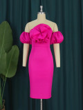 AM220625 3D Rose Bubble Sleeve Shoulder Bag Hip Banquet Evening Dress Women's Dress