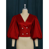 Plus Size Women Rose Red Color Puff Long Sleeve Blouses Elegant Office Lady Tops