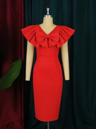 Large size new style temperament bow V-neck ruffle sleeve high waist wrapped hip skirt banquet dress for women dresses