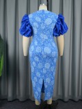 Women Translucent round neck puffy sleeve printed  temperament slim dress plus size dress