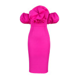AM220625 3D Rose Bubble Sleeve Shoulder Bag Hip Banquet Evening Dress Women's Dress