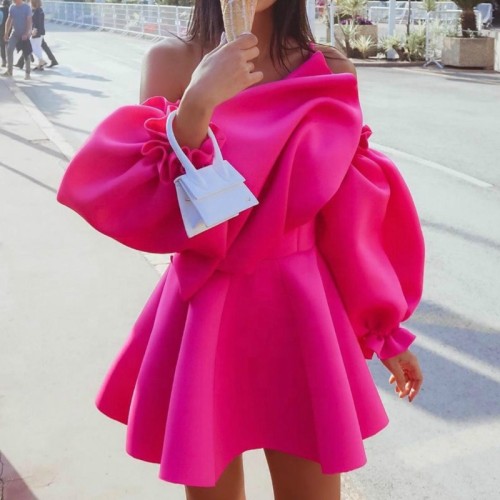 Summer Sexy Backless Off Shoulder Puff Sleeve Solid Color Pleated Mini Party Club Dress Female
