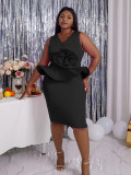 Black AOMEI Peplum Ruffle Curvy Wedding Fabric Lady Prom Party Dress