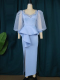 Fall Blue Elegant Lantern Sleeve Party Bead Factory Lady Evening Dress