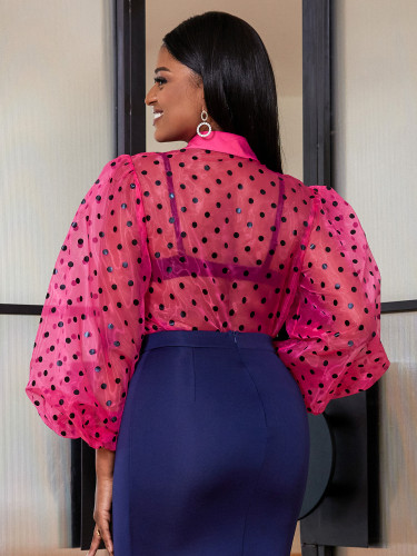 AM220321 Summer V-neck organza polka dot bubble sleeve long sleeved sexy perspective shirt versatile top for women