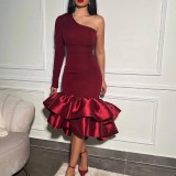 Women's sexy one shoulder long sleeve ruffled party dress
