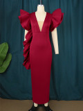 New Cross border Women's Deep V Sexy Low cut Dress Plus Size Ruffle Edge Banquet Dress Dress Dress Dress