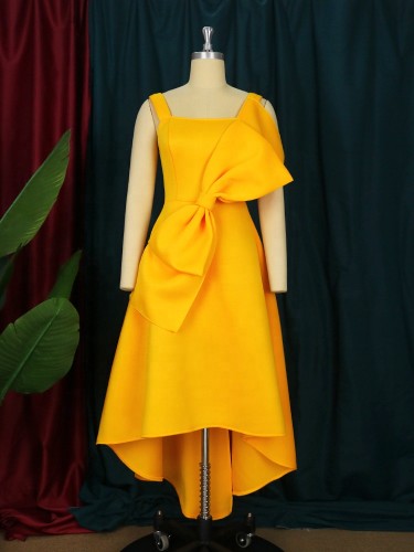 New Yellow Halter Dress Fashion Bow Asymmetrical Slim-fit Banquet Evening Dress Simple Square Collar Fairy Dress