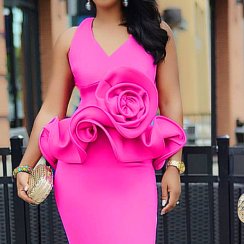 Rose Red Sexy Hollow Out Sleeveless Backless Deep V-neck Ruffle Fashion Clothing Evening Party Dresses