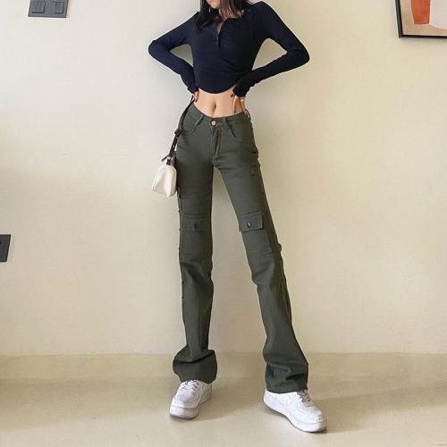 European and American street casual workwear jeans for women's Instagram autumn and winter new style ruffian handsome trendy brand explosive street army green straight leg pants