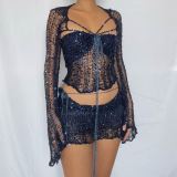 sequined long sleeve knitted crop top and skirt two piece set summer  women clothing