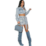 NY8155 Amazon European Beauty Sexy Washed Cowboy Lace up 3D 3D Pocket Skirt Set