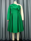Skew Collar Green One Sleeve A Line Christmas Celebration Party Dress