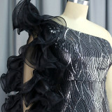 Europe and the United States sexy sequined dress one-shoulder diagonal collar mesh sleeve banquet women's dress
