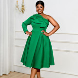 Skew Collar Green One Sleeve A Line Christmas Celebration Party Dress