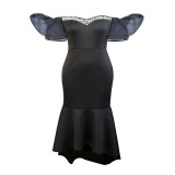 AM030206 Sexy Mesh One Shoulder Fishtail Dress Banquet Party Hot Diamond Dress Dresses