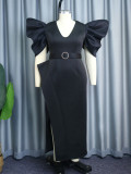 Fashion V-neck bubble sleeve dress short sleeve high waist plus size dress