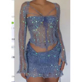 sequined long sleeve knitted crop top and skirt two piece set summer  women clothing