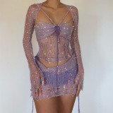 sequined long sleeve knitted crop top and skirt two piece set summer  women clothing