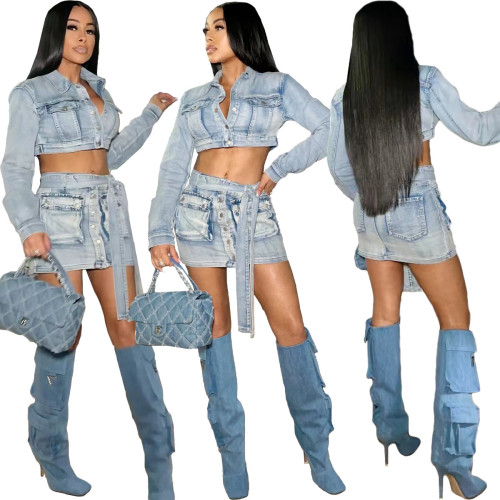 NY8155 Amazon European Beauty Sexy Washed Cowboy Lace up 3D 3D Pocket Skirt Set