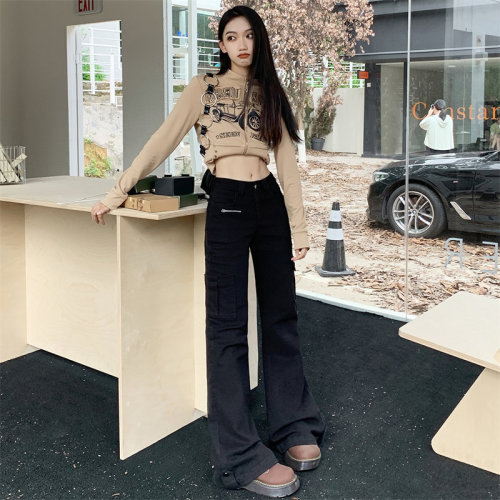 Black micro flared workwear casual pants for women with a sense of high-end design. Autumn new high waisted slim fit jeans