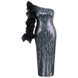 Europe and the United States sexy sequined dress one-shoulder diagonal collar mesh sleeve banquet women's dress