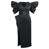 Fashion V-neck bubble sleeve dress short sleeve high waist plus size dress