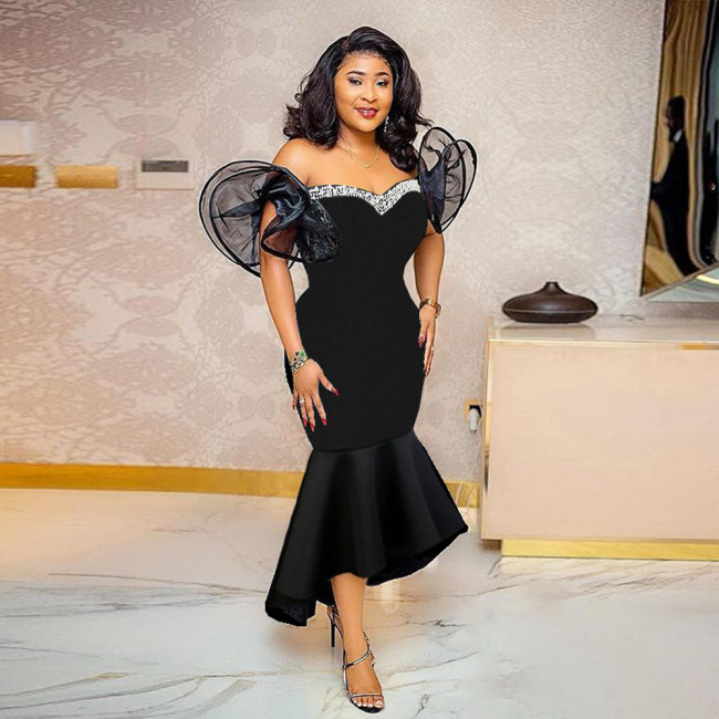 AM030206 Sexy Mesh One Shoulder Fishtail Dress Banquet Party Hot Diamond Dress Dresses