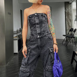 New Fashionable Street Style Chest Raging Waist Showcasing Figure Spicy Girl Multi Pocket Denim Workwear jumpsuit