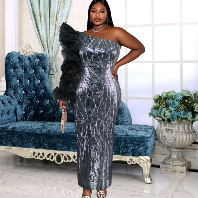 Europe and the United States sexy sequined dress one-shoulder diagonal collar mesh sleeve banquet women's dress