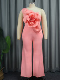 Stylish Pink Big Flower Patchwork AOMEI Plus Size Lady Classy Jumpsuit