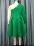Skew Collar Green One Sleeve A Line Christmas Celebration Party Dress