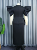Fashion V-neck bubble sleeve dress short sleeve high waist plus size dress
