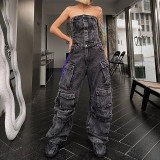 New Fashionable Street Style Chest Raging Waist Showcasing Figure Spicy Girl Multi Pocket Denim Workwear jumpsuit