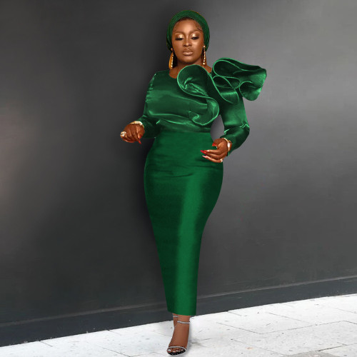 Summer Vintage Women Party Long Elegant Green Ruffle Sleeve Plus Size Evening Dress