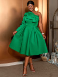 Skew Collar Green One Sleeve A Line Christmas Celebration Party Dress