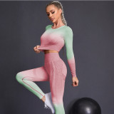 Cross border Autumn and Winter New Yoga Dress Gradient Hanging Dye Tight Long sleeved Pants Running Fitness Yoga Set for Women