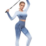 Cross border Autumn and Winter New Yoga Dress Gradient Hanging Dye Tight Long sleeved Pants Running Fitness Yoga Set for Women