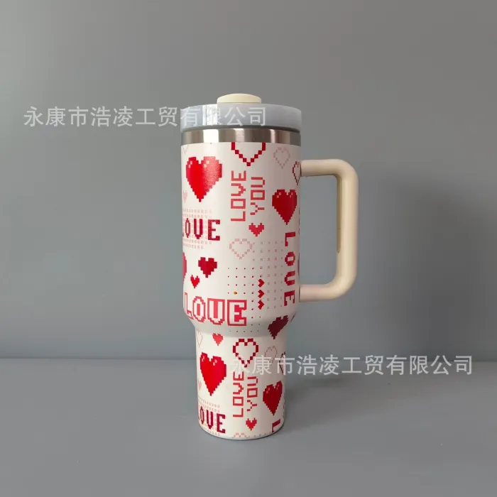 Cross border Valentine's Day series water cup, stainless steel insulated and cold insulated car cup with handle, 40oz car ice cream cup