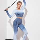 Cross border Autumn and Winter New Yoga Dress Gradient Hanging Dye Tight Long sleeved Pants Running Fitness Yoga Set for Women