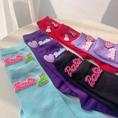 Japanese and Korean Dopamine Colored Barbie Letter Socks Mid length Socks Autumn/Winter Knitted Home Love New Instagram Trendy Cool