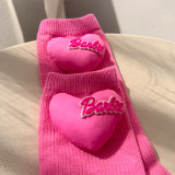 Pink Barbie 3D Cotton filled Love Knitted Socks for Autumn and Winter Instagram Trendy Socks Dopamine Colorful Cute Mid length Socks