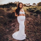Elastic knitted strapless maternity dress with a long tail dress for pregnant women, taking photos and taking photos of the dress
