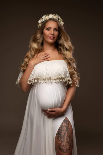 One line neckline tassel pregnant woman photography dress milk silk floor mopping pregnant woman photo taking long dress dress